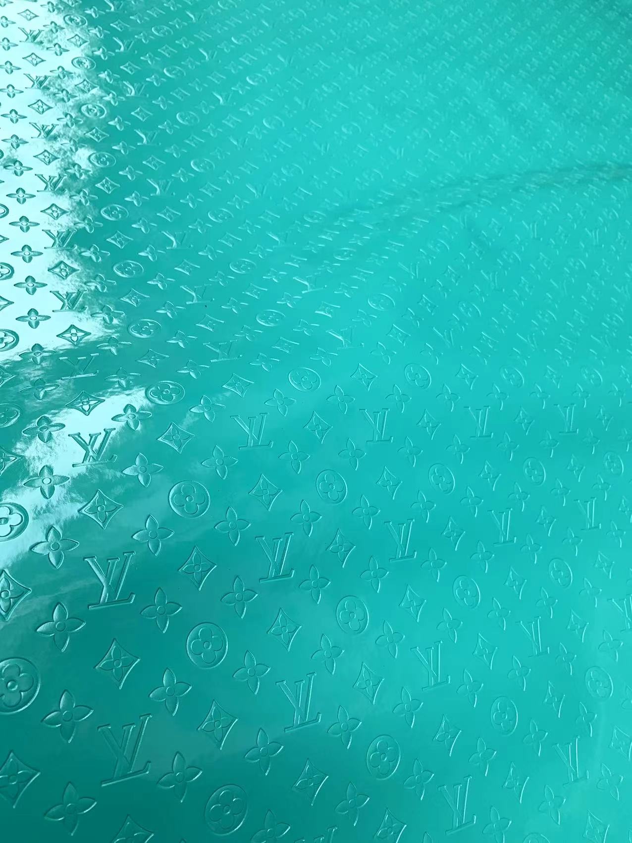 Mirror Reflective Turquoise Embossed LV Designer Fabric for DIY Sneakers Handmade Crafts