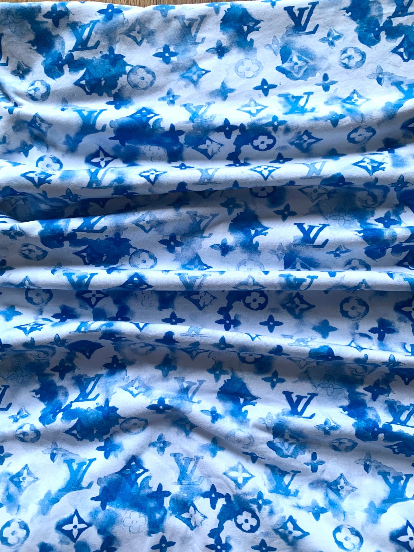 Stretchy Blue Watercolor LV Cotton Fabric for T-Shirt